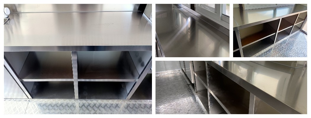 stainless steel worktables in the trailer for coffee shop